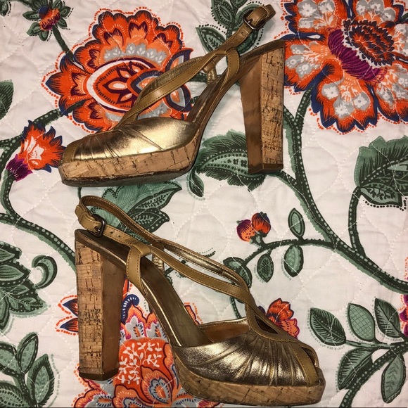 Prada Leather Gold Cork Slingback Heels size 38.5 - Picture 6 of 16